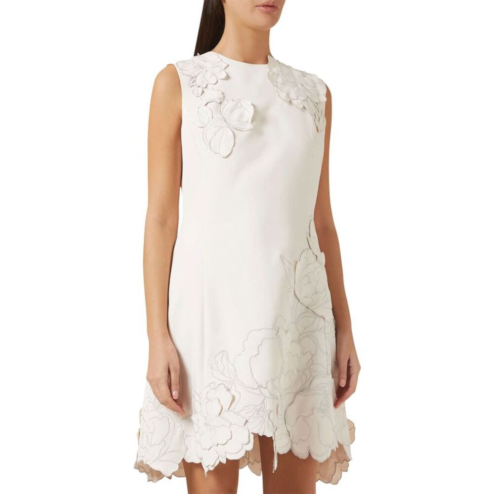 Leo Lin Womens Chloe Floral-Appliquéd Crepe Mini Dress 2 Vanilla - NWT